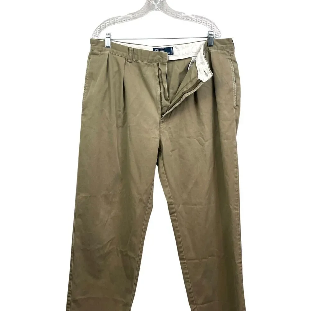 Polo By Ralph Lauren Mens Andrew Pants Pleated Chino Slash Pockets Khaki Sz W38*